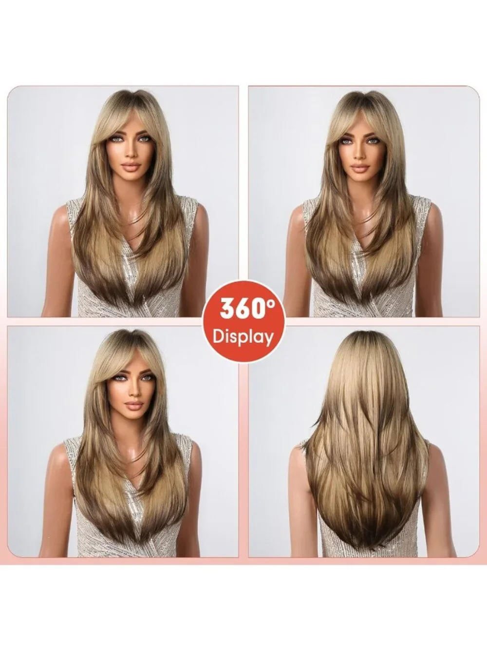 Ombre Brown Blonde Long Straight Wig with Bangs | Heat Resistant Synthetic Hair